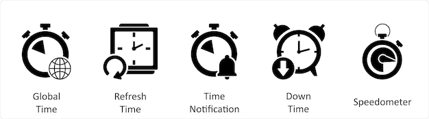 A set of 5 business icons as global time refresh time time notification