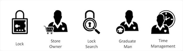 A set of 5 business icons as lock store owner lock search