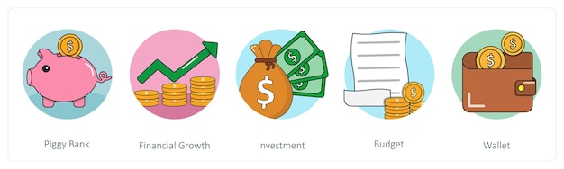 a set of 5 business icons as piggy bank financial growth investment
