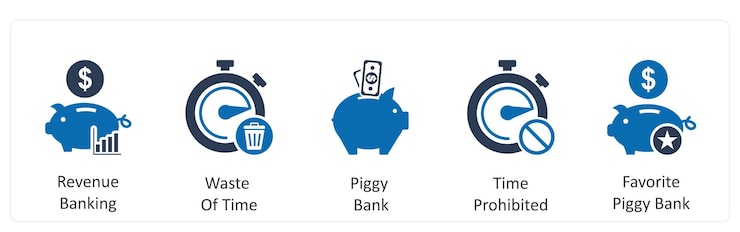 Vector a set of 5 business icons as revenue banking waste of time piggy bank