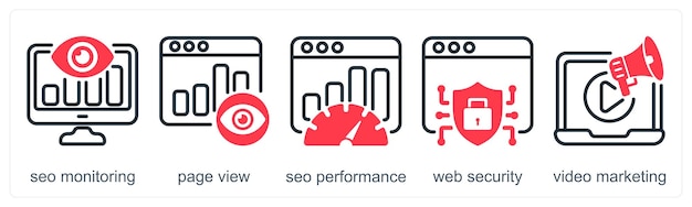 5 つのビジネスアイコンのセット - SEOモニタリングページSEOパフォーマンス