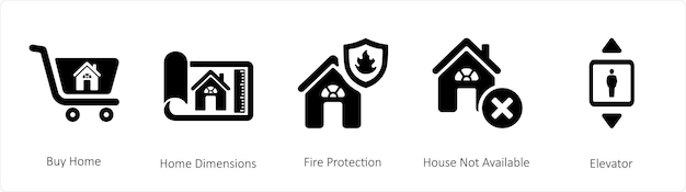 A set of 5 business icons such as Buy Home Home Dimensions