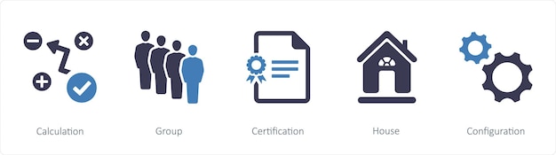 Un set di 5 icone aziendali come la certificazione del gruppo di calcolo