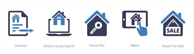 A set of 5 business icons such as Contract Online House Search