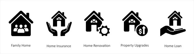 A set of 5 business icons such as family home home insurance