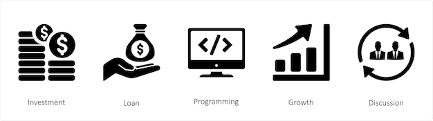 A set of 5 business icons such as Investment Loan Programming