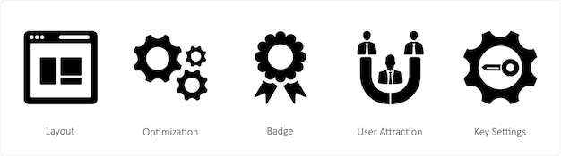 A set of 5 business icons such as Layout Optimization Badge