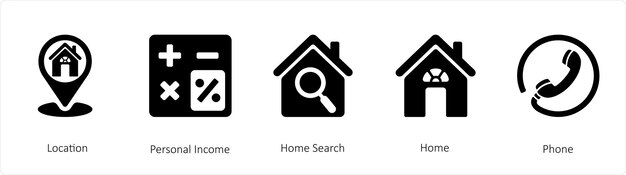 A set of 5 business icons such as Location Personal Income