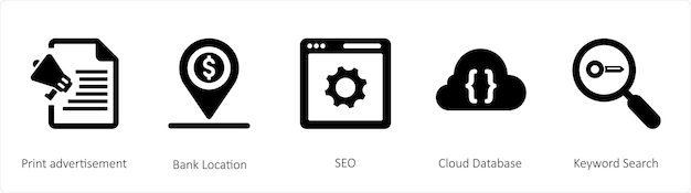 Набор из 5 бизнес-икон, таких как печать рекламы местоположение банка