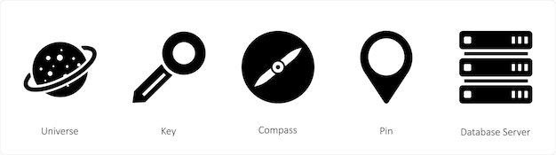 A set of 5 business icons such as Universe Key Compass