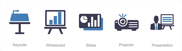5 개의 비즈니스 프레젠테이션 아이콘을 키노트 화이트 보드 슬라이드로 설정합니다.