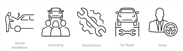 Vector a set of 5 car icons as vehicle breakdown carpooling maintenance