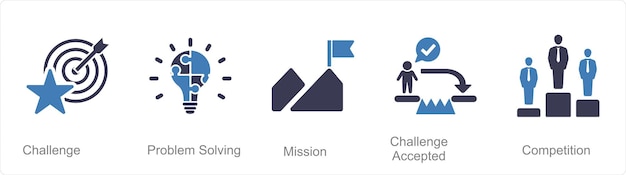 Un set di 5 icone di sfida come missione di risoluzione di problemi di sfida