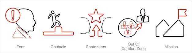 Un set di 5 icone di sfida come concorrenti di ostacoli di paura