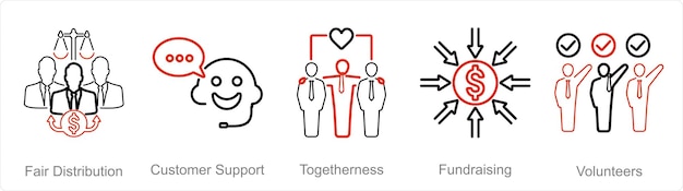 Vector a set of 5 charity and donation icons as fair distribution customer support togetherness