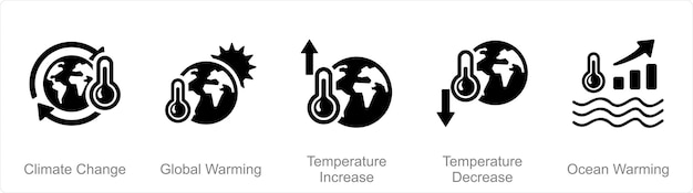 気候変動、地球温暖化、気温上昇に伴う 5 つの気候変動アイコンのセット