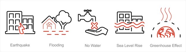 Vector a set of 5 climate change icons as earthquake flooding no water