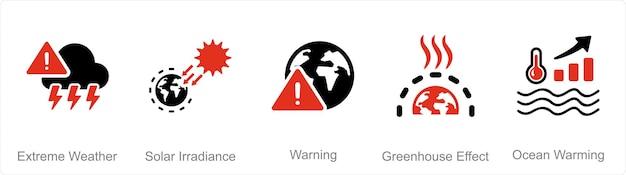 A set of 5 climate change icons as extreme weather solar irradiance warning