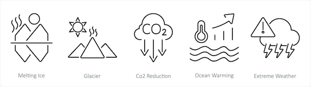 A set of 5 climate change icons as melting ice glacier co2 reduction