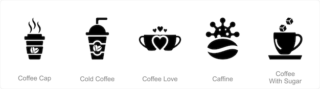 Набор из 5 иконок кофе в виде кофейной чашки, холодный кофе, любовь к кофе