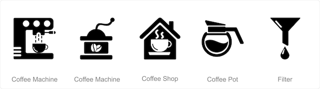 コーヒーマシン、コーヒーショップ、コーヒーポットとしての5つのコーヒーアイコンのセット
