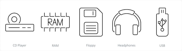 A set of 5 Computer Parts icons as cd player ram floppy