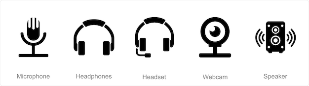 A set of 5 Computer Parts icons as microphone heaphones headset