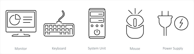 Un set di 5 icone di parti di computer come unità di sistema di tastiera del monitor