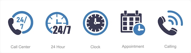 A set of 5 Contact icons as call center 24 hour clock