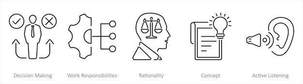 A set of 5 Critical Thinking icons as decision making work responsibilities rationality