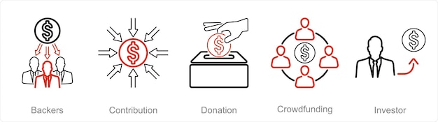 A set of 5 Crowdfunding icons as backers contribution donation