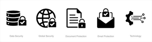 A set of 5 Cyber Security icons as data security global security document protection