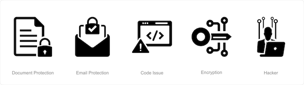 문서 보호 이메일 보호 코드 문제인 5개의 사이버 보안 아이콘 세트