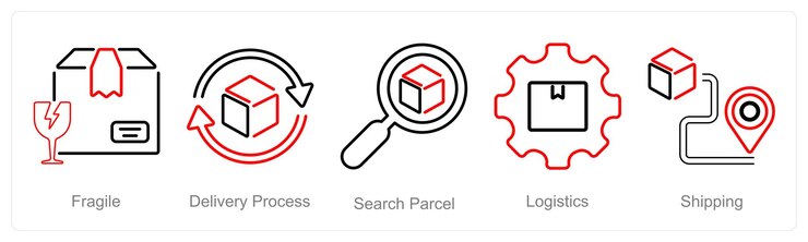 Vector a set of 5 delivery icons as fragile delivery process search parcel