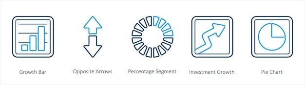 A set of 5 diagram and report icons such as growth bar opposite arrows