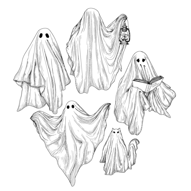 Vector set of 5 different ghosts in engraving style ghost with a book ghost with a lamp ghost cat