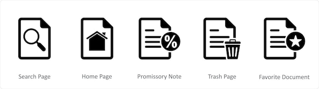 A set of 5 Document icons as search page home page promissory note