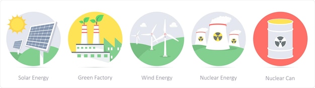 Un set di 5 icone ecologiche come l'energia solare, l'energia eolica della fabbrica verde