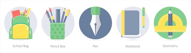 A set of 5 education icons as school bag pencil box pen
