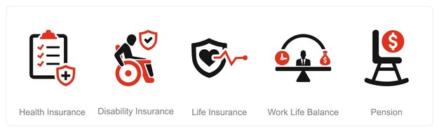 Vector a set of 5 employee benefits icons as health insurance disability insurance life insurance