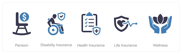 Vector a set of 5 employee benefits icons as pension disability insurance health insurance