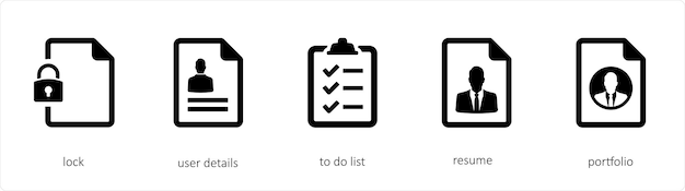 A set of 5 files icons such as lock user details to do list