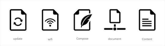 A set of 5 files icons such as update wifi Compose document