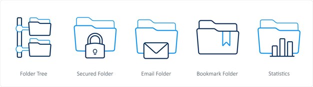 A set of 5 folder icons such as folder tree secured folder