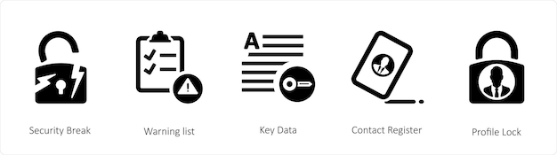 5 개의 gdpr 아이콘의 세트, 예를 들어 보안 침해 경고 목록