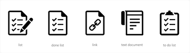 A set of 5 graphic tools icons such as list done list link