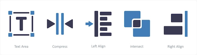 A set of 5 graphic tools icons such as text area compress left align