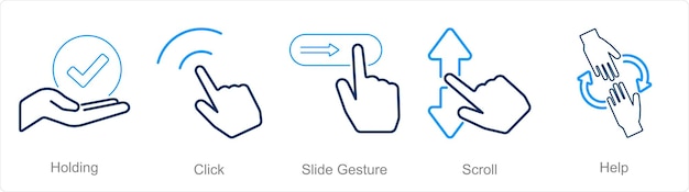 Vector a set of 5 hands icons as holding click slide gesture