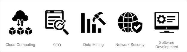 a set of 5 hard skills icons as cloud computing seo data mining