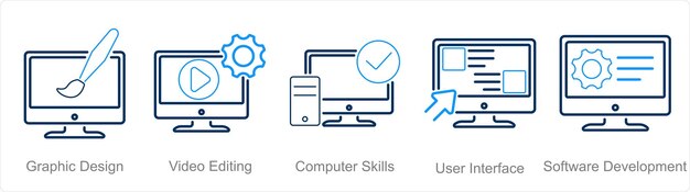 Vettore un set di 5 icone di abilità difficili come abilità informatiche di editing video di progettazione grafica